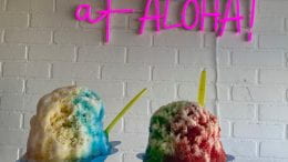 Shaved iced treats being held in front of a sore sign that says "You had me at Aloha!"