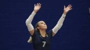 Taylor Stockman, NSU volleyball player, about to hit the ball during a match.